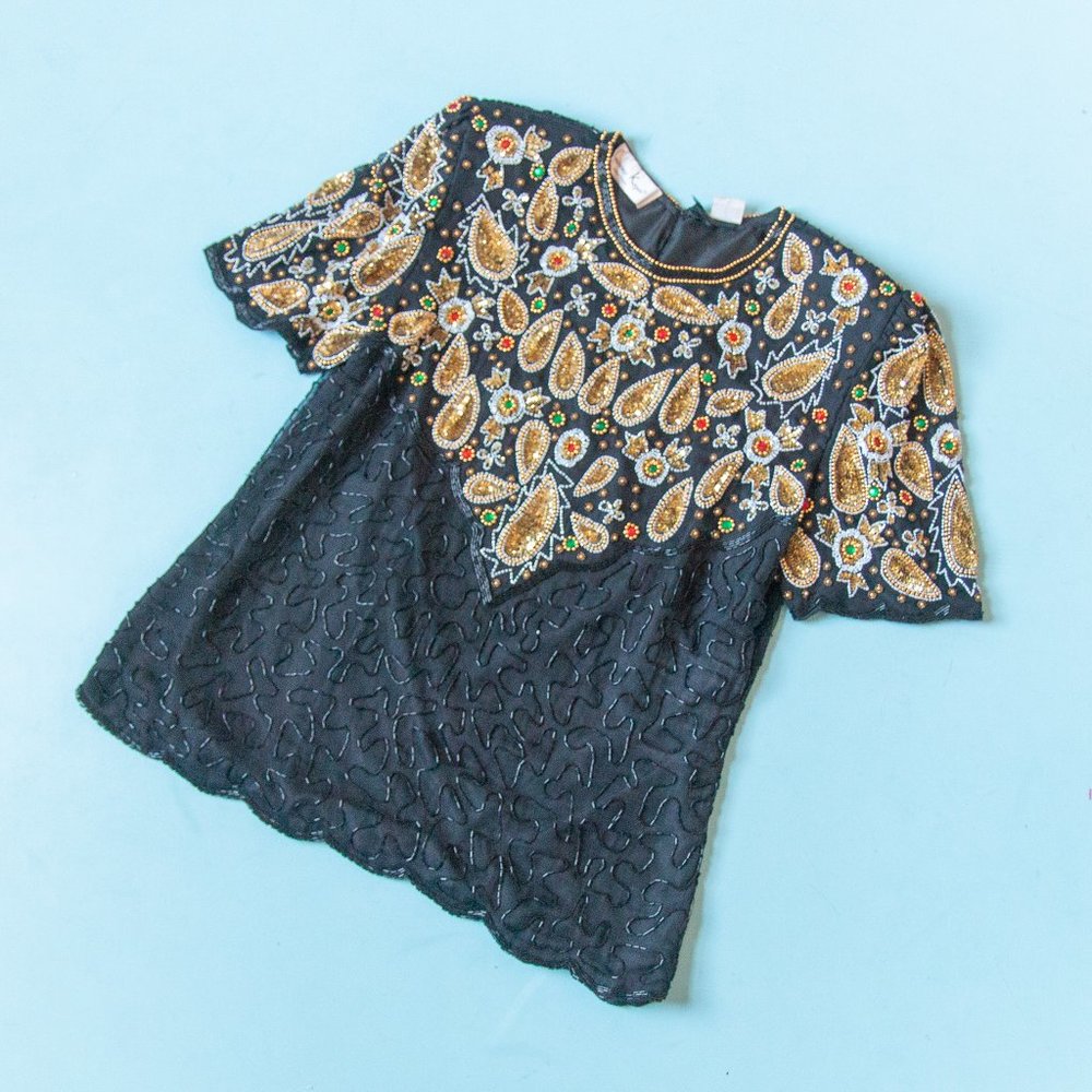 VINTAGE 80's Paisley Boho Beaded Scalloped Edge 100% Silk Blouse Size Medium